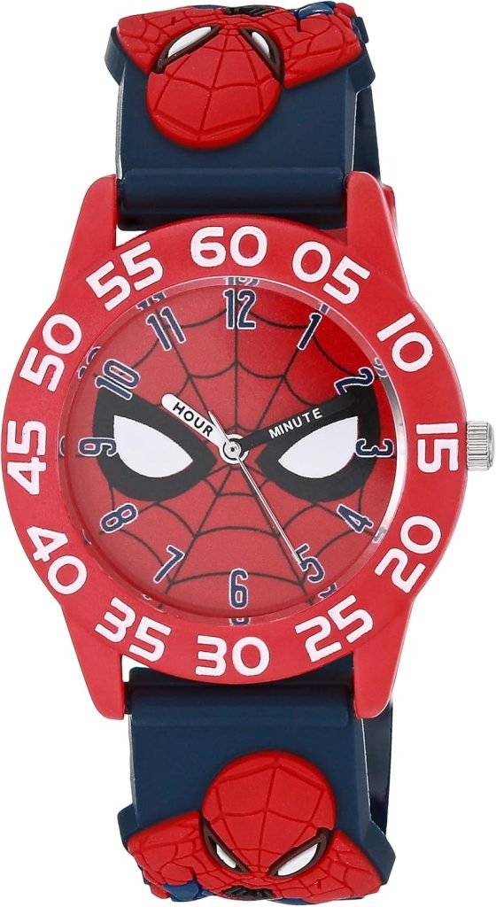 Marvel Spider-Man Kids' Plastic Time Teacher Analog Quartz 3D Strap Watch, Red/Navy/Multi Navy